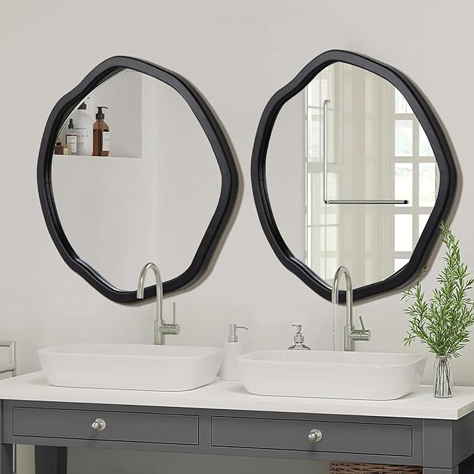 ULIKE Round Wood Mirror 24 Inch Circle Wall Mirror, Asymmetrical Bathroom - Image 4
