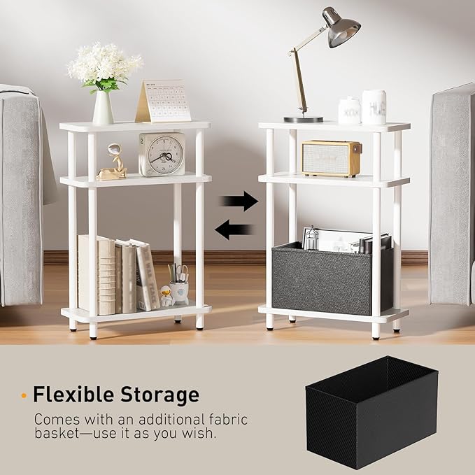 Narrow Side Table with Fabric Basket, 3 Tier Skinny End Table with Wood Legs - Image 4