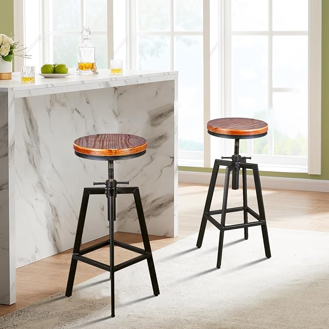 Set of 2 Vintage Bar Stools 25.6-31.5inch Height Adjustable Farmhouse Dinning - Image 5