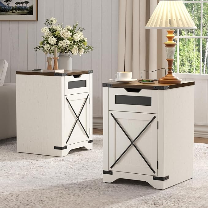 Farmhouse End Table with Charging Station, 26.4" Tall Rustic Nightstand with - Image 8
