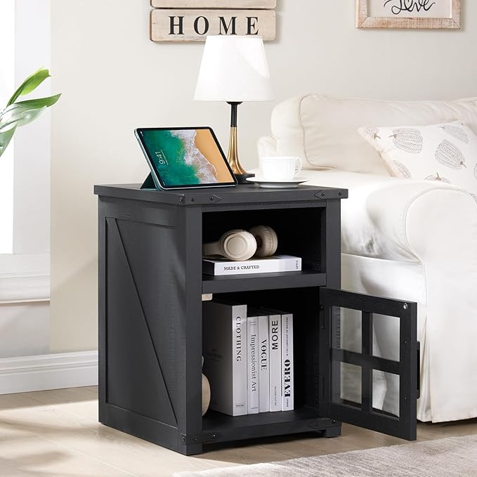 Farmhouse Nightstand with Charging Station, Rustic End Table with Tempered - Image 4