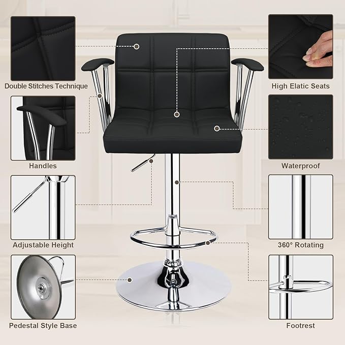 Bar Stools Set of 2, Armrest Adjustable Swivel Barstools - Image 6