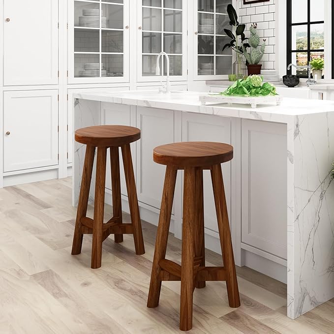 Bar Stool with Round Seat for Kitchen Island Counter, Solid Teak Wood Barstool - Image 4