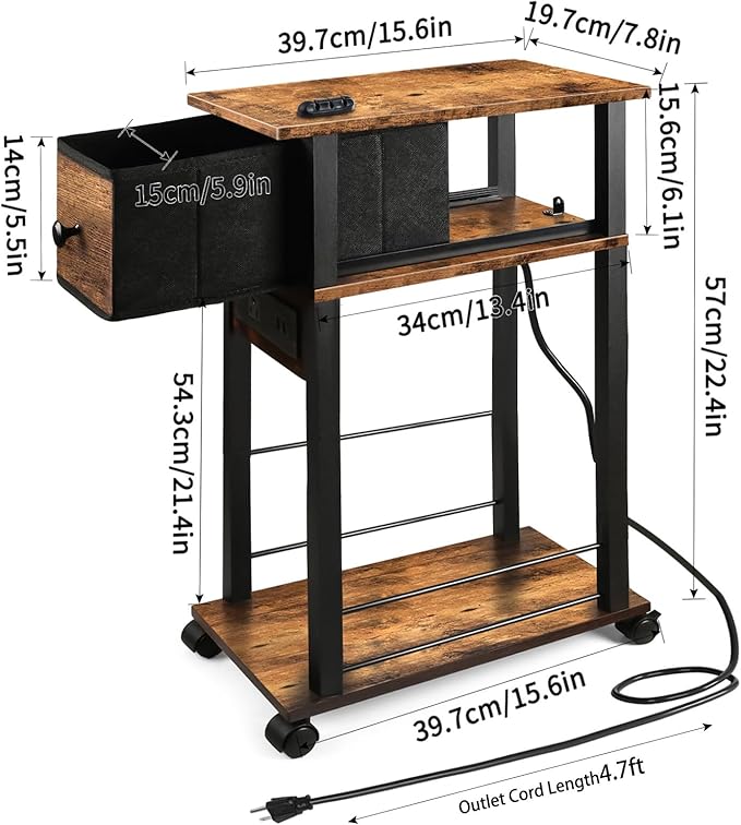 Side Table with Charging Station and Drawer, Narrow End Table with USB Ports - Image 3