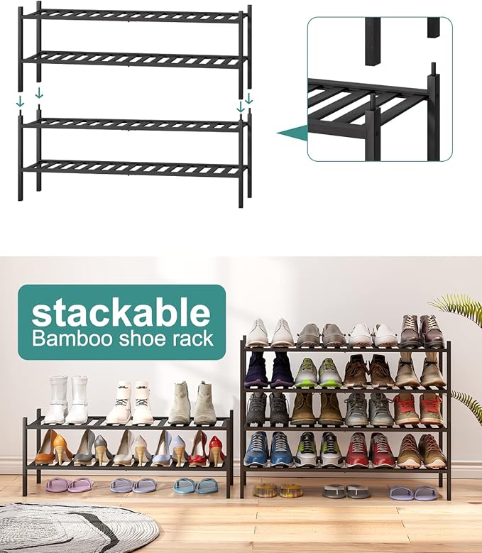 Black 4-Tier Long Shoe Rack, Bamboo Wood - Image 6