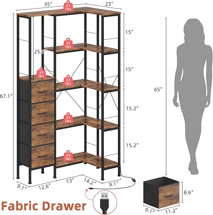 Corner Bookshelf with LED Light Strips & 4 Fabric Drawers, 5-Tier Convertible - Image 2