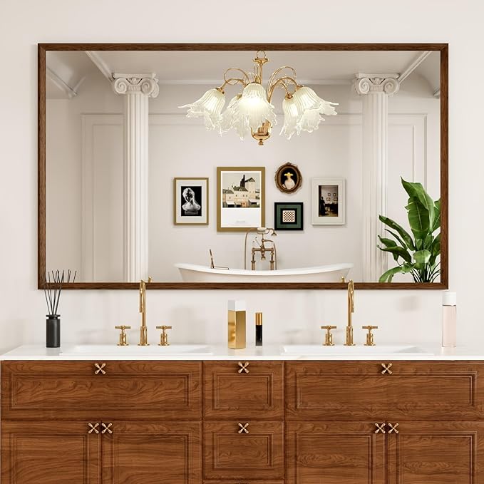 Rectangle Walnut Bathroom Mirror 60x36 Inch, Anti-Rust 4MM Tempered Glass - Image 2