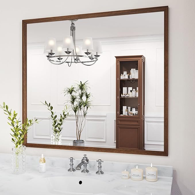 WEER Walnut Bathroom Mirror, Walnut Framed Mirror 40X36 Inch, Rectangle Wall by WEER