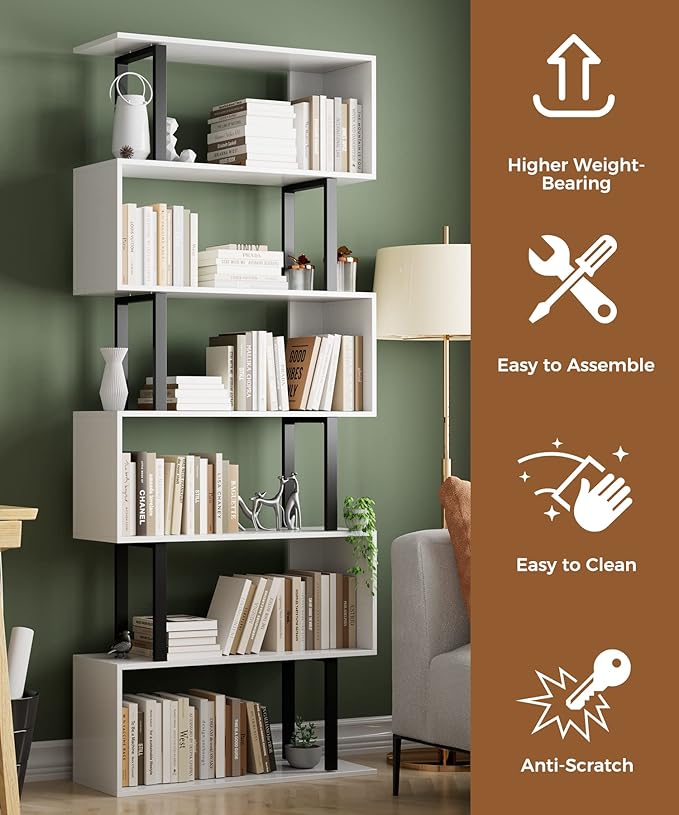 Gadroad 6 Tier Geometric Bookcase, S Shaped Bookshelf, Wood Decorative Storage - Image 5