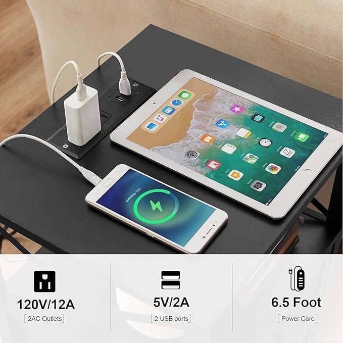 VECELO Black End Table with USB Ports and Outlets, 24 Inch Nightstands with - Image 5