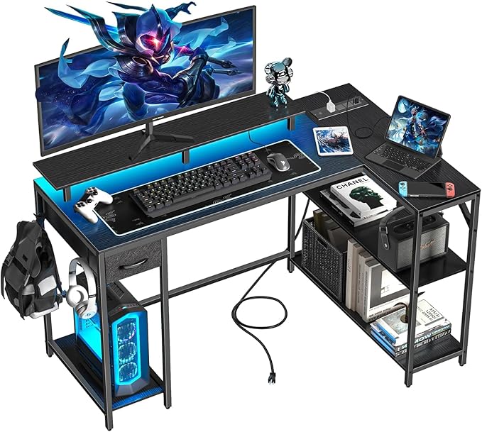 47 inch Gaming Desk with Power Outlet & LED Light, Reversible L Shaped Desk by Eivanet