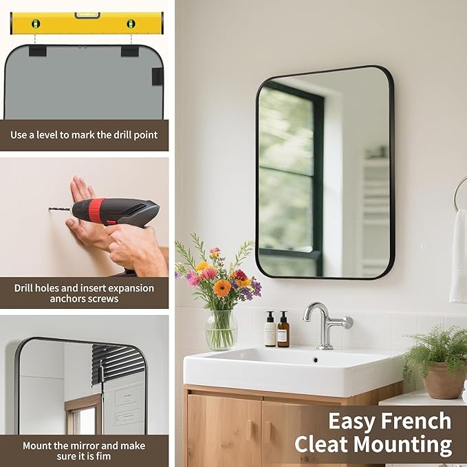 Black Bathroom Mirror, 40x30 Inch Aluminum Frame Rectangle Mirror, Tempered - Image 5