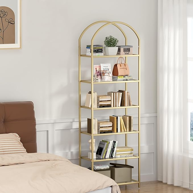 Homhedy Bookshelf Arched Display Racks, Metal Bookcase, Tempered Glass Shelves - Image 6