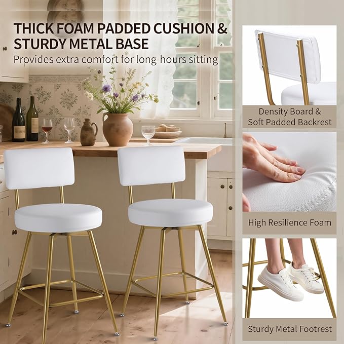 Gold White Bar Stools Set of 2, Modern Counter Height Bar Stools - Image 4