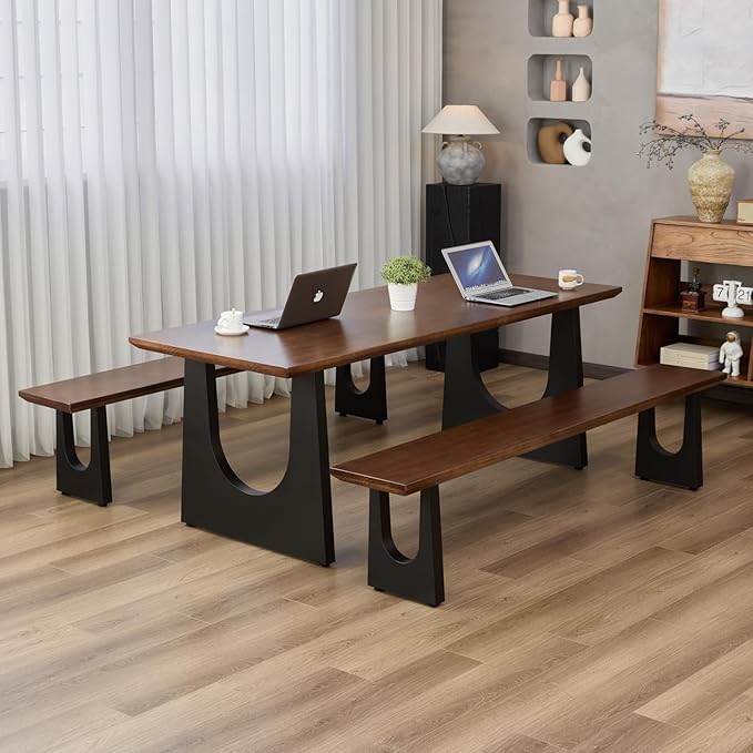 Walnut Color Long Bench Solid Wood Top Metal Legs U-Shaped Design Durable - Image 6