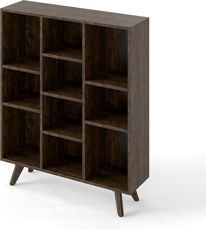 Manora Rustic Brown 10 Cube Mid Century Modern Bookshelf, Wooden Storage by manora