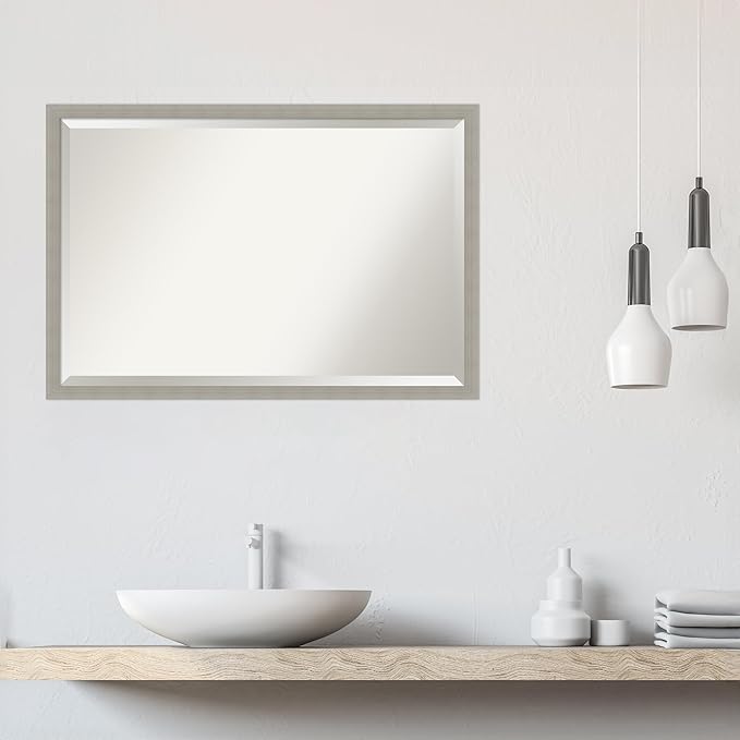 Amanti Art Grey Wall Mirror 26x38 Woodgrain Stripe Grey Rectangle Bathroom - Image 6