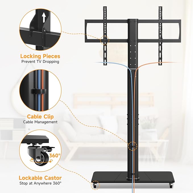 Tall Floor TV Stand for 32-75" TV Portable Rolling TV Cart - Image 6