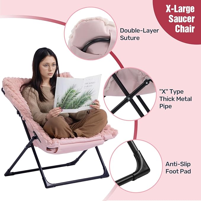 HollyHOME X-Large Saucer Chair, Comfy Oversized Folding Chair, Faux-Fur Reading - Image 5