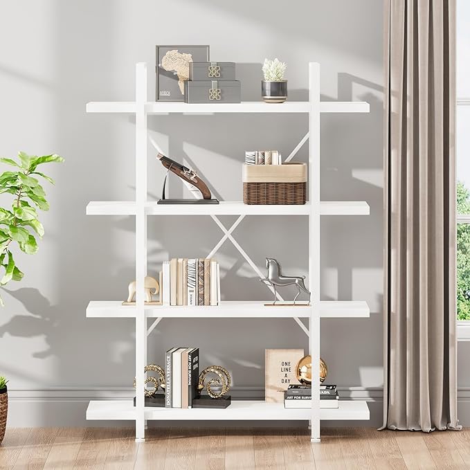 HSH 4 Tier White Bookshelf, Modern 4 Shelf Etagere Bookcase, Industrial Wood by HOMESWEETHOME
