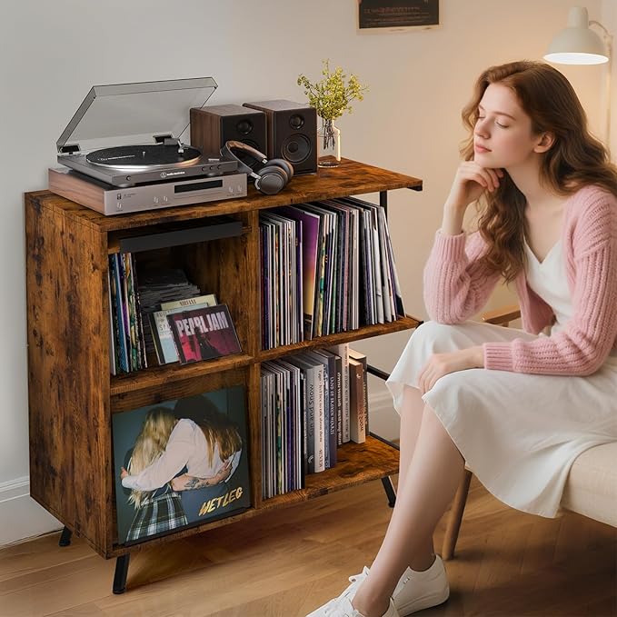 3 Tier Record Player Stand, Flip Top Record Player Cabinet, Mid Century Record - Image 8