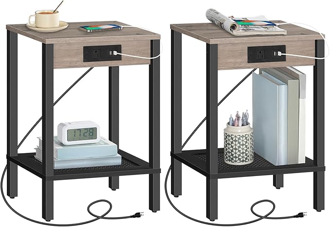HOOBRO Side Table with Charging Station, Nightstand with 2-Tier Storage Shelf by HOOBRO
