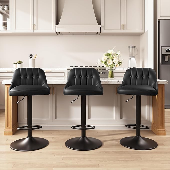 Bar Stools Set of 3, Swivel Bar Chairs, Modern Adjustable PU Leather - Image 9