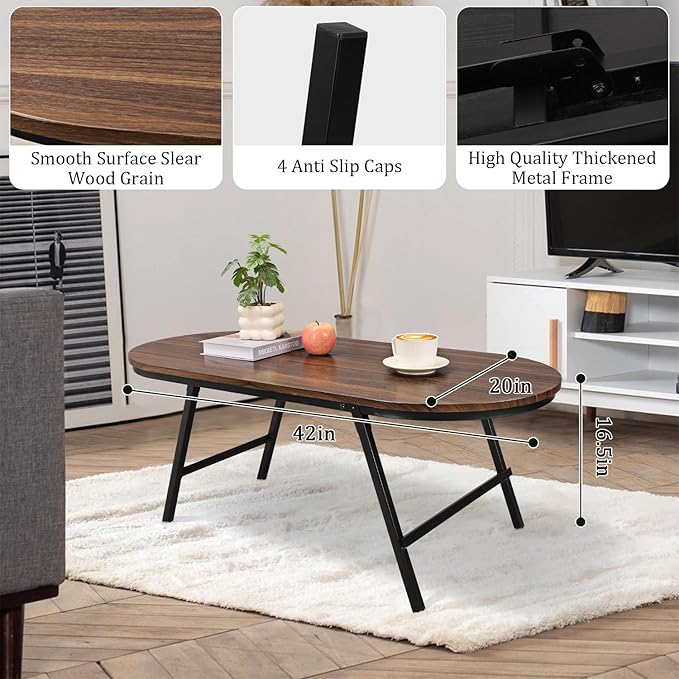 Folding Coffee Table for Small Spaces Wood and Metal Oval Coffee Tables No - Image 5
