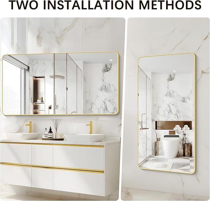 55x30 Inch Gold Bathroom Mirror, Metal Framed Gold Rectangle Mirrors, Rounded - Image 7