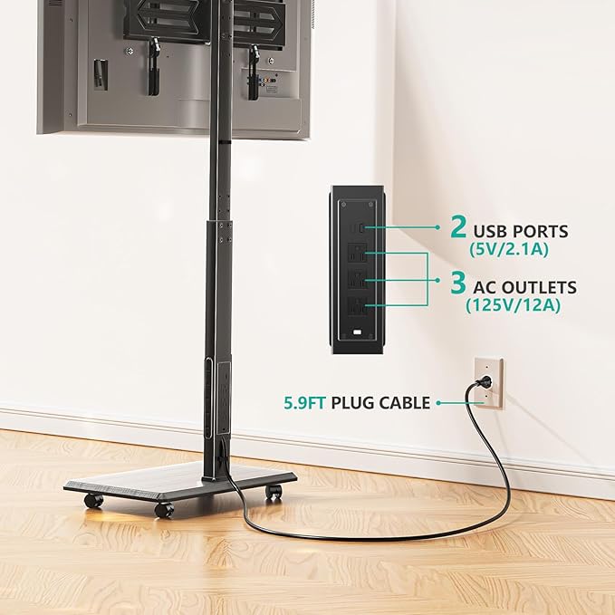 WALI Floor TV Stand with Power Outlet, Rolling Tall TV Stand Mount with Wheels - Image 2