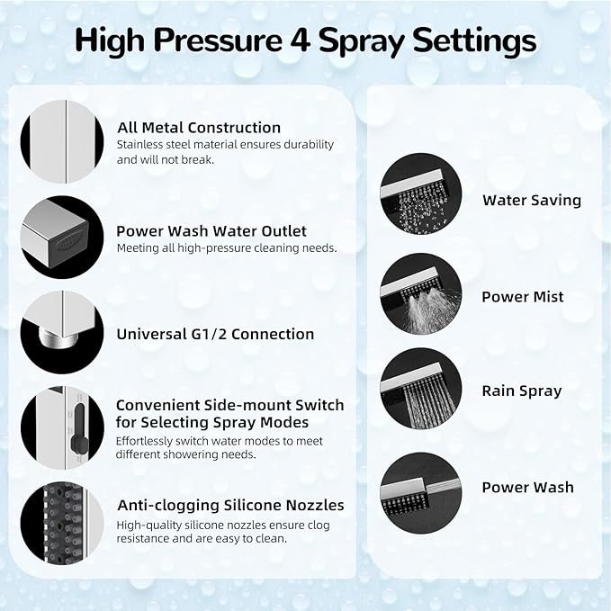 Hibbent All Metal 8'' Rainfall Shower Head, Square Shower Head Combo, High - Image 3