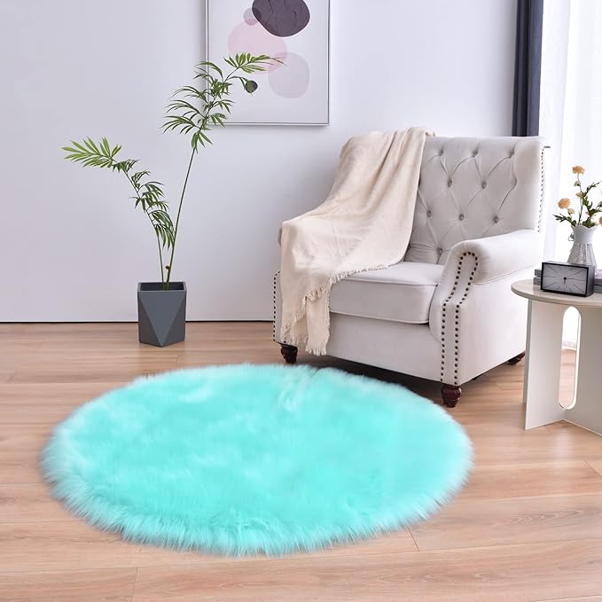 duduta Turquoise Blue Faux Sheepskin Round Rug 4x4 ft, Fluffy Shag Fur Bedroom by Duduta