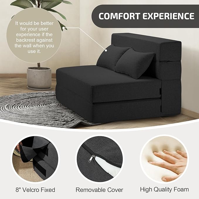 Folding Sofa Bed with Pillows- Convertible Chair Floor Couch & Sleeping Mattress - Image 4