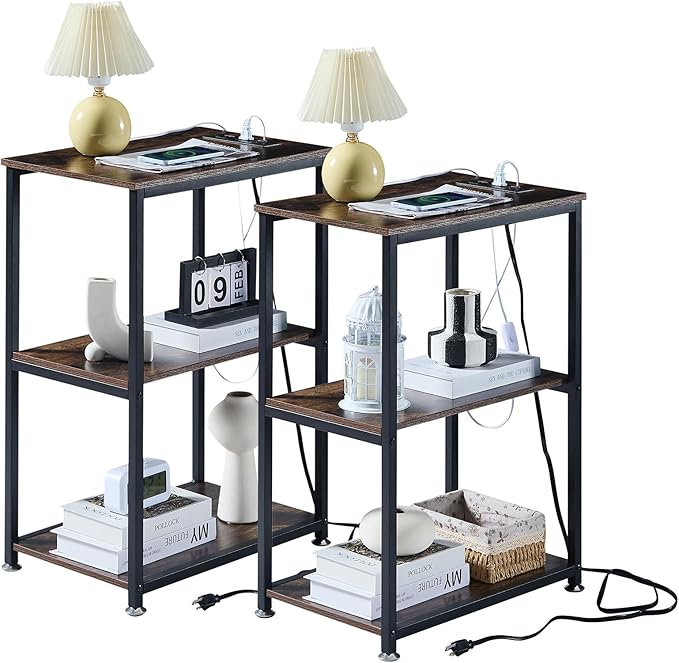VECELO Tall End Table with Charging Station, Side Table with USB Ports and by VECELO