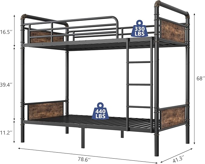 Metal Bunk Bed Twin Over Twin, Industrial Bunkbeds Heavy Duty Bed - Image 2
