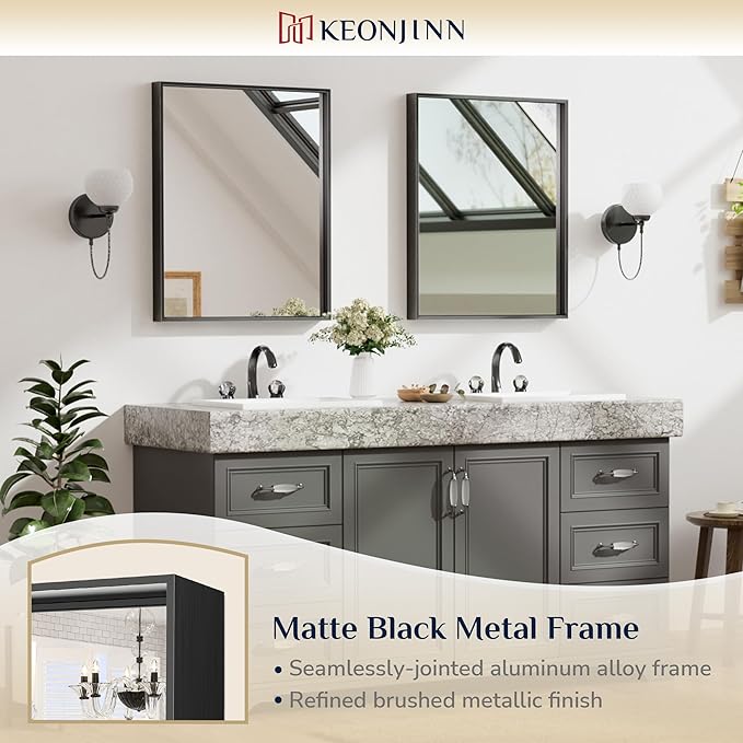 Keonjinn Black Bathroom Mirror 16 x 20 Inch Metal Framed Matte Black Mirror - Image 6