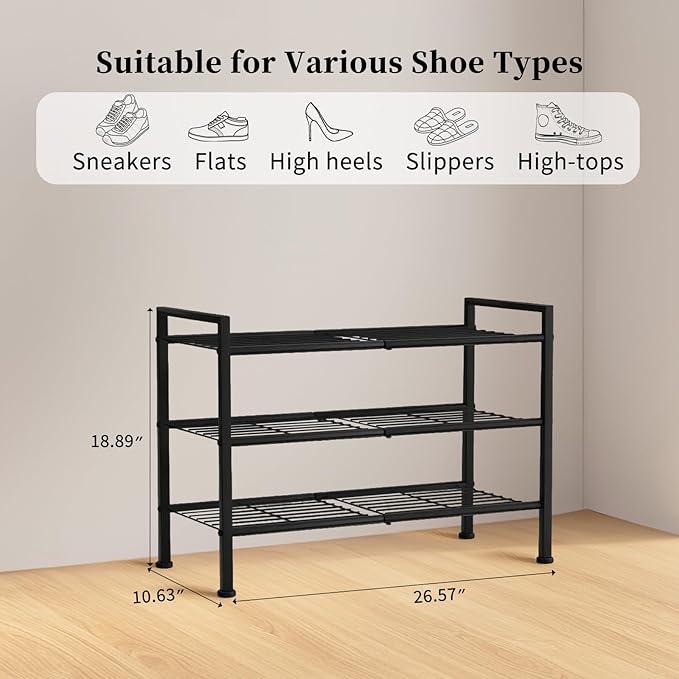 Simple 3 Tier Shoe Rack, Metal Stackable Shoe Storage Organizer - Image 3