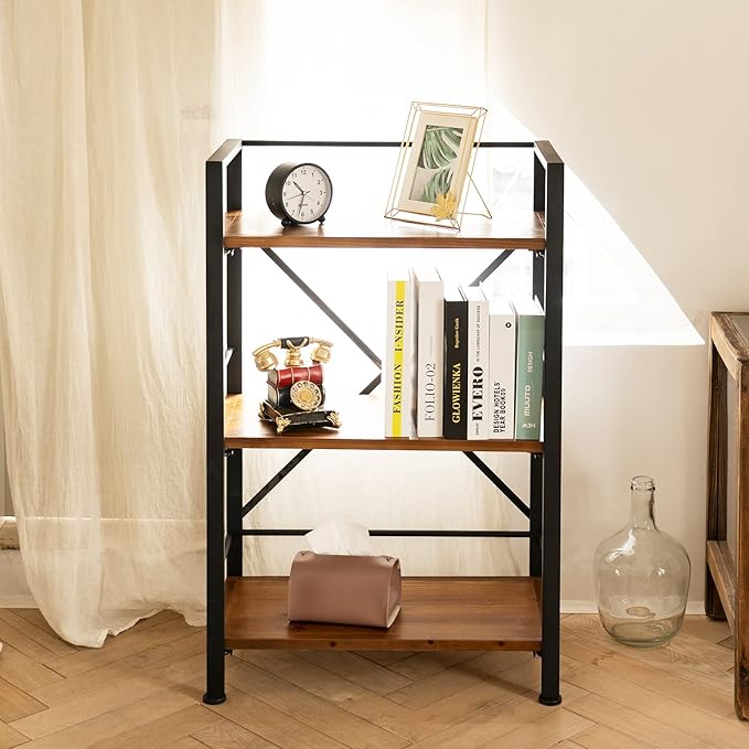 Crofy Rustic Bookshelf, 3 Tier Real Wood Bookshelf, Metal Book Shelf - Image 2