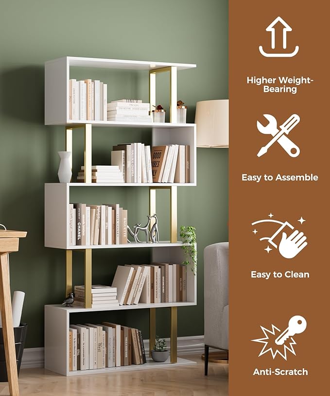 Gadroad 5 Tier Geometric Bookcase, S Shaped Bookshelf, Wood Decorative Storage - Image 4