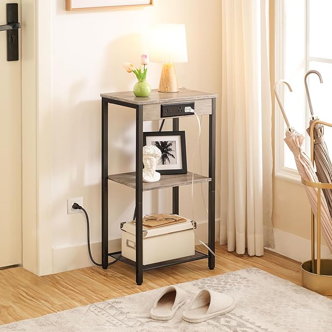 HOOBRO Tall End Table with Charging Station, 30 Inch Tall Nightstand, 3-Tier - Image 8