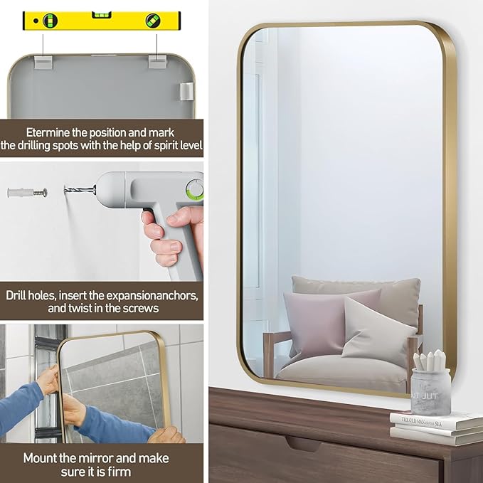 Gold Mirror, 22x30 Inch Gold Rectangle Mirror, Aluminum Alloy Framed Vanity - Image 6