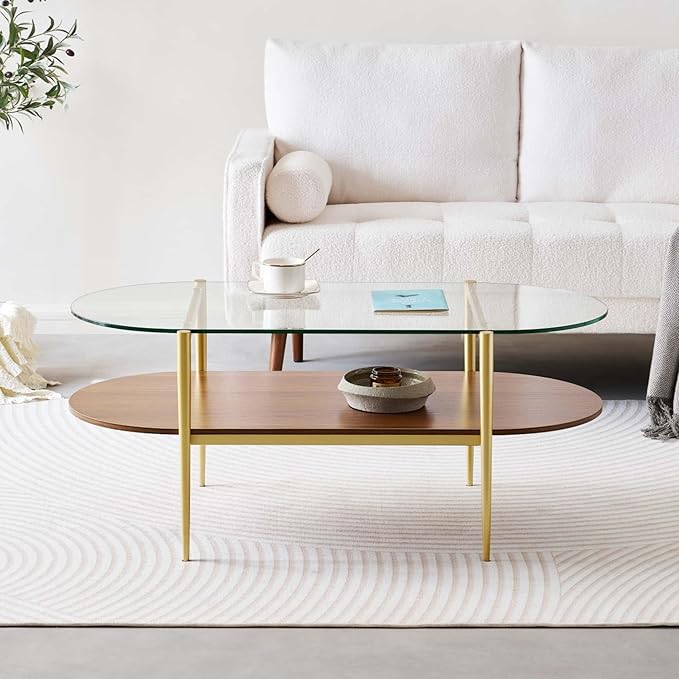 Oval Glass Coffee Table, Mid-Century Modern Design, L41 x W21 x H17 inch - Image 4