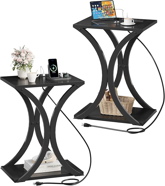 End Table with Charging Station, 2-Tier Modern Side Table Set of 2, Nightstand by Choezon