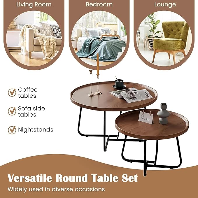 Round Nesting Coffee Table Set of 2, Mid Century Modern, Center - Image 5