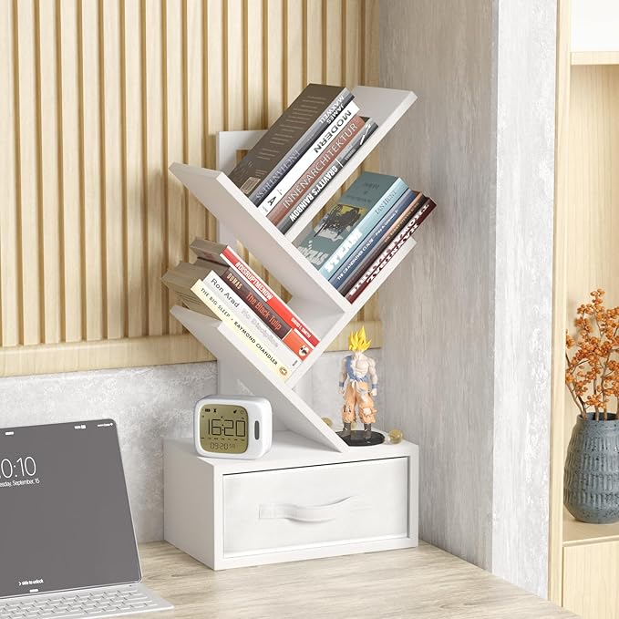 Small Bookshelf with Drawer, 4 Tier Tree Book Shelf, Wood Desk Bookshelves - Image 2