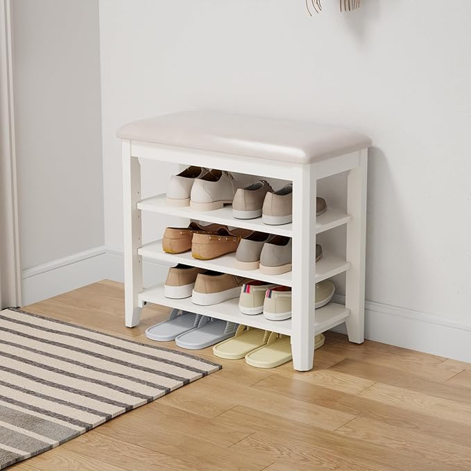 Shoe Bench with Leather Cushion, 3 Tiers Shoe Storage Bench Height Adjustable by AQIMUELE-Solidwoodfurniture