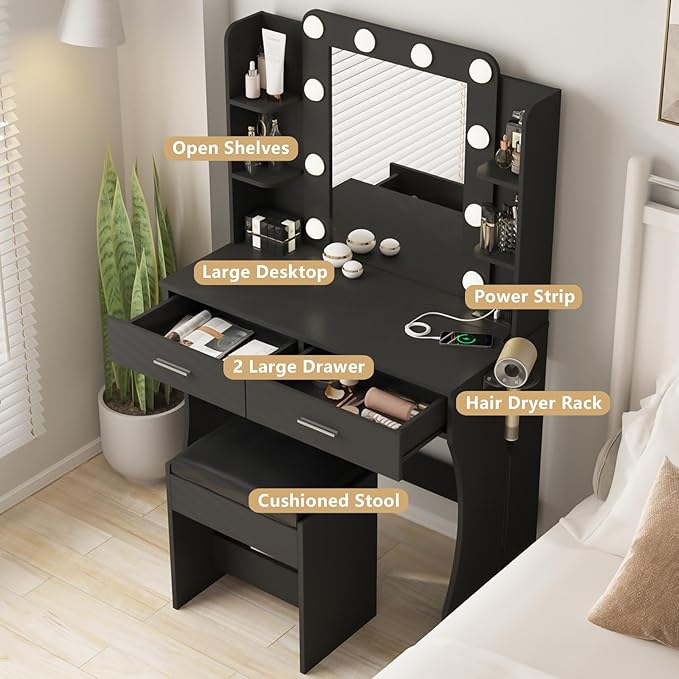 Vabches Vanity Desk with Lights, Makeup Vanity with Power Strip, Dressing Table - Image 6