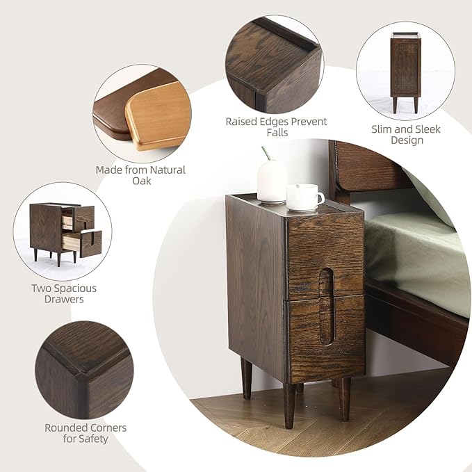 Solid Wood Bedside Table Nightstands, Slim Narrow Oak Real Wooden Mid-Century - Image 3