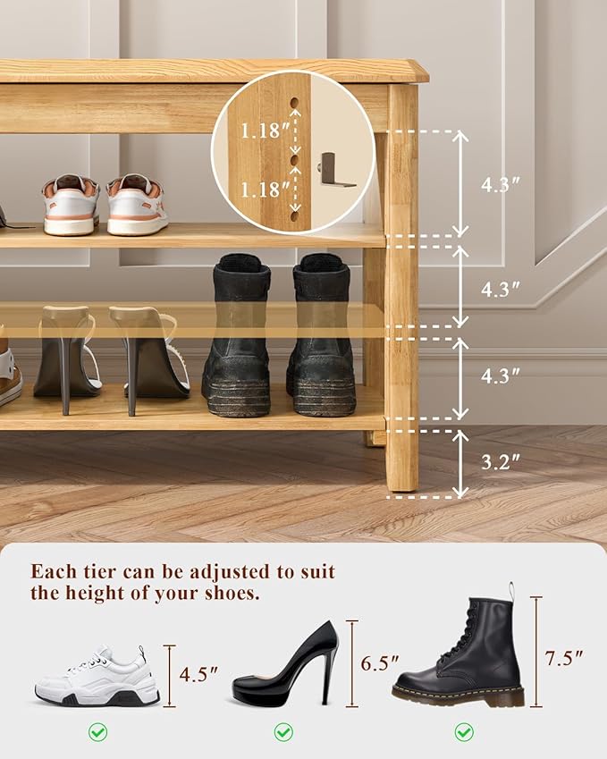 Shoe Rack Bench Seat Rubberwood 3-Tier Wooden Storage Bench 550lbs Compact - Image 5