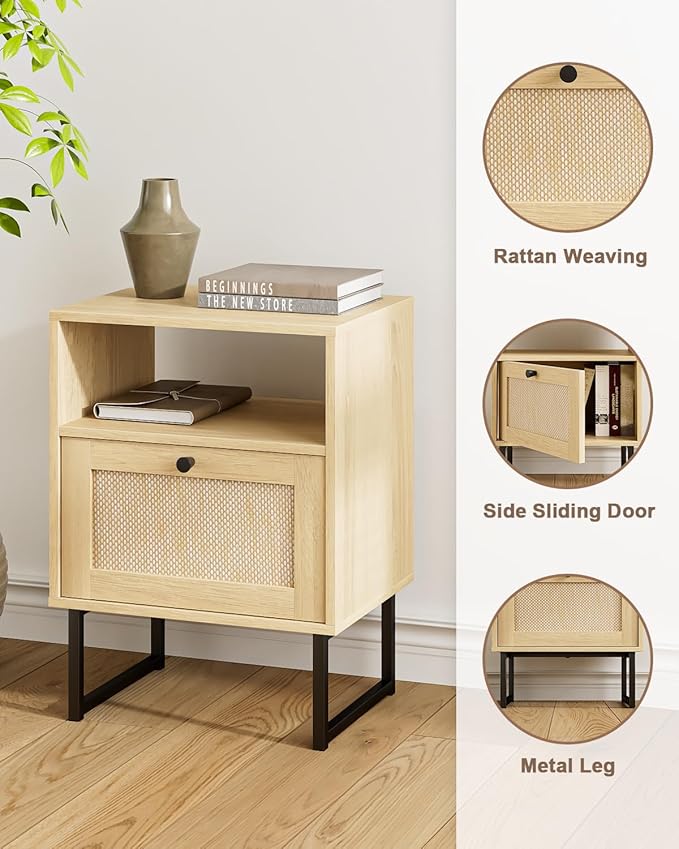 Rattan Nightstand, Boho Night Stand Farmhouse Wood Bedside Table - Image 4